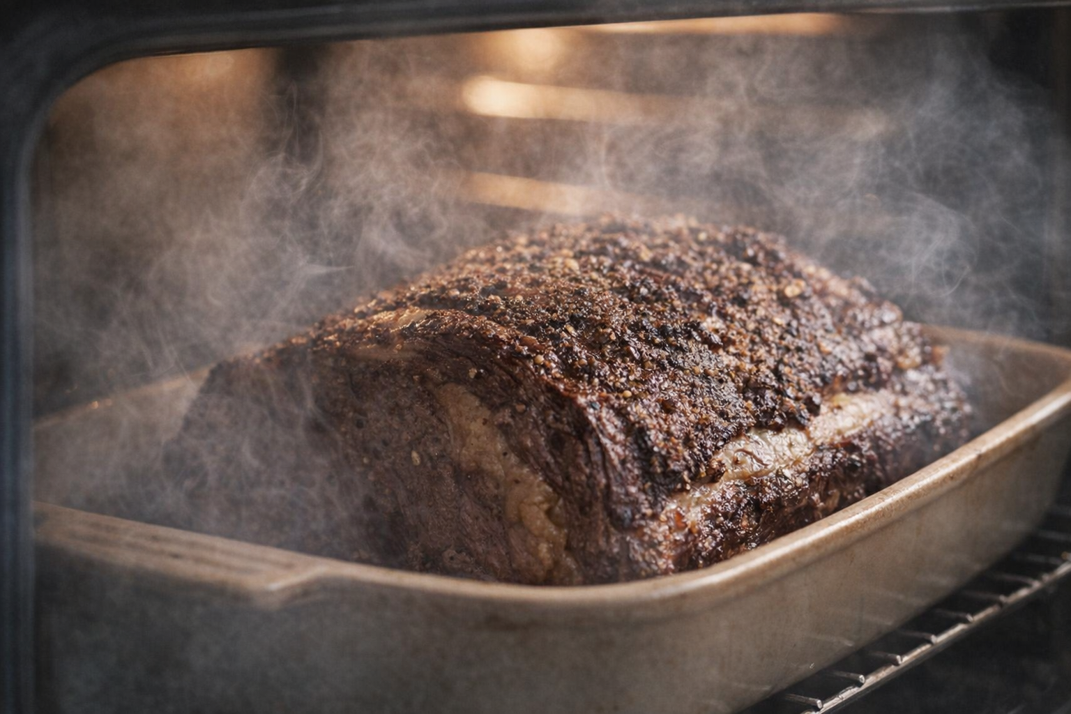 Close up of beef brisket cooking in the oven with a layer of smoke rising around it
